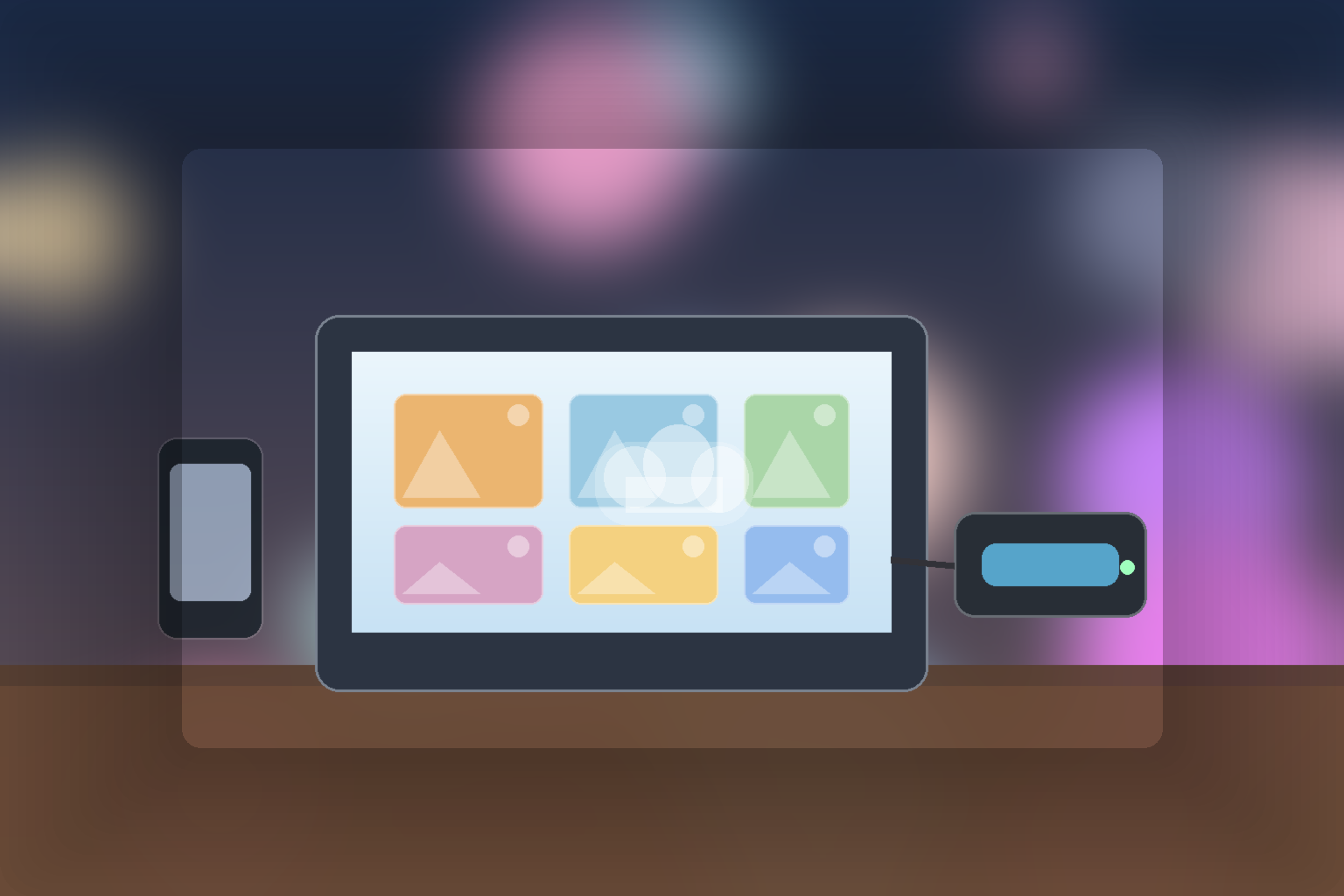 Illustration of a family photo backup setup with a laptop, cloud storage, and an external drive on a desk.