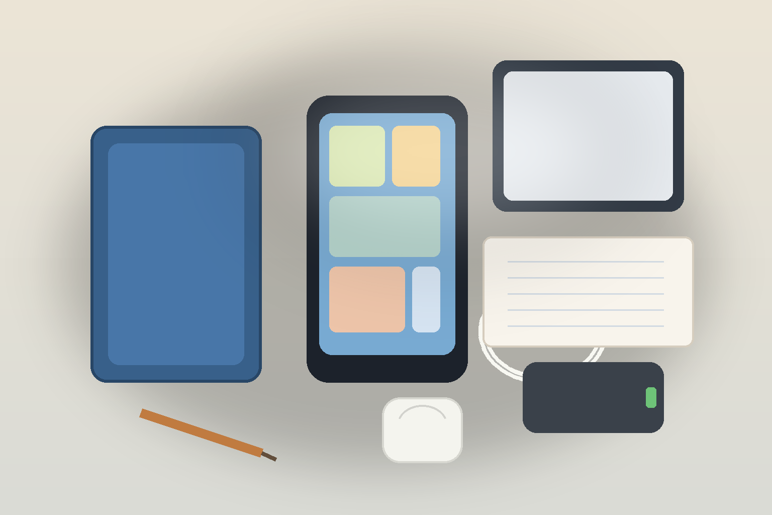Illustrated flat lay of family travel tech essentials including a phone, tablet, power bank, notebook, and cables on a table.