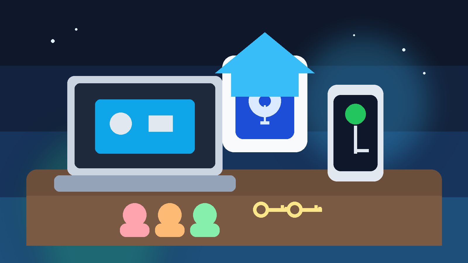 Illustration of a family tech desk with a password vault, keys, and connected devices in a calm home setting