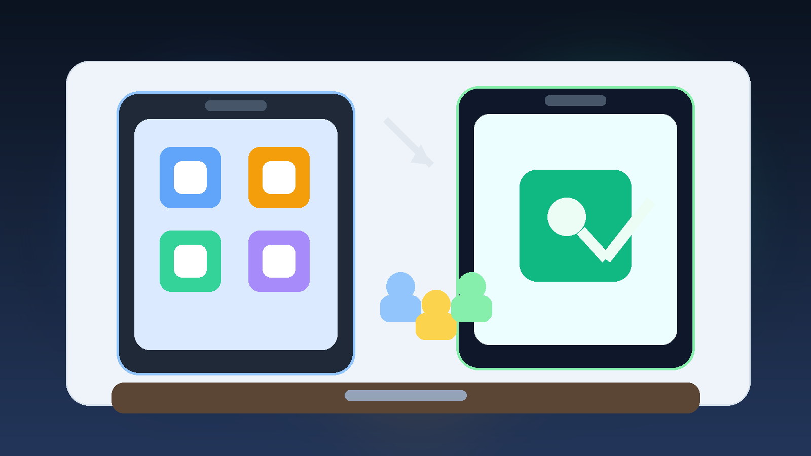 Illustration of a parent handing a cleaned and secured phone to a family member after a careful reset and setup process