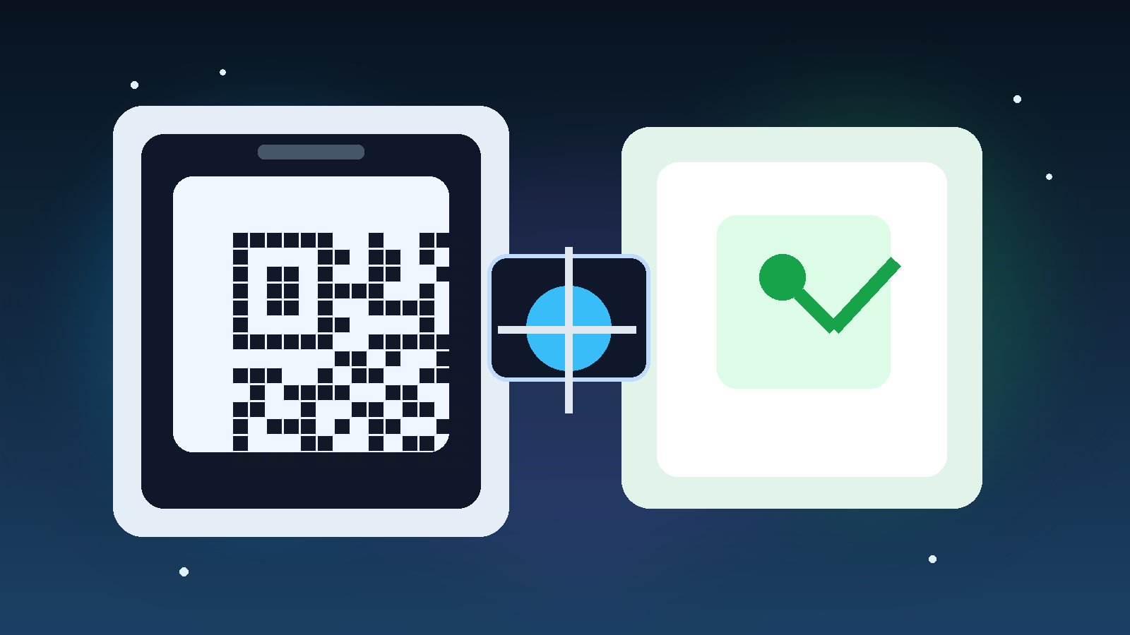 Illustration of a family scanning a QR code with a phone while a security check shield appears beside the screen