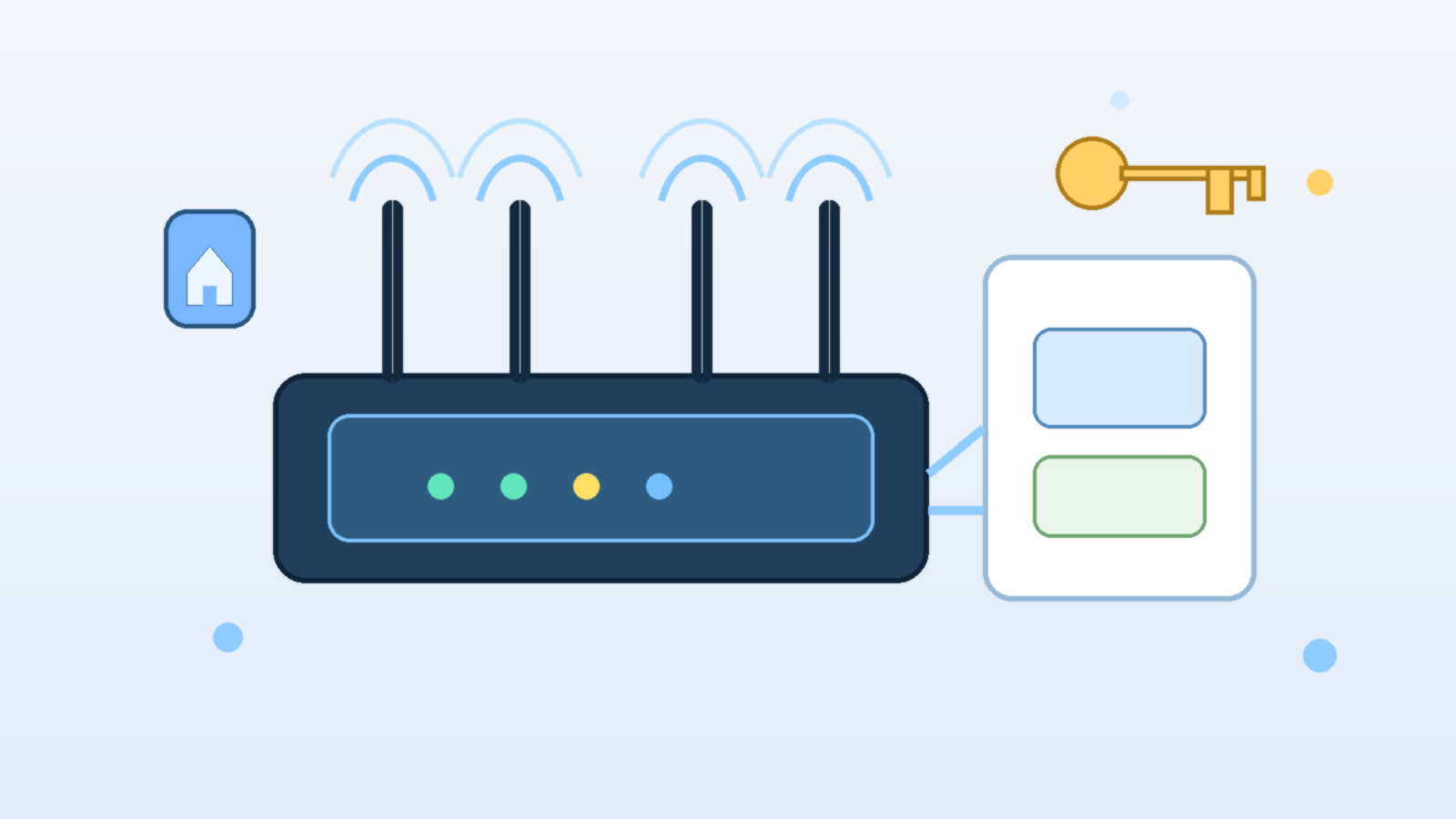 Illustration of a home router with backup admin key storage and household network recovery tools