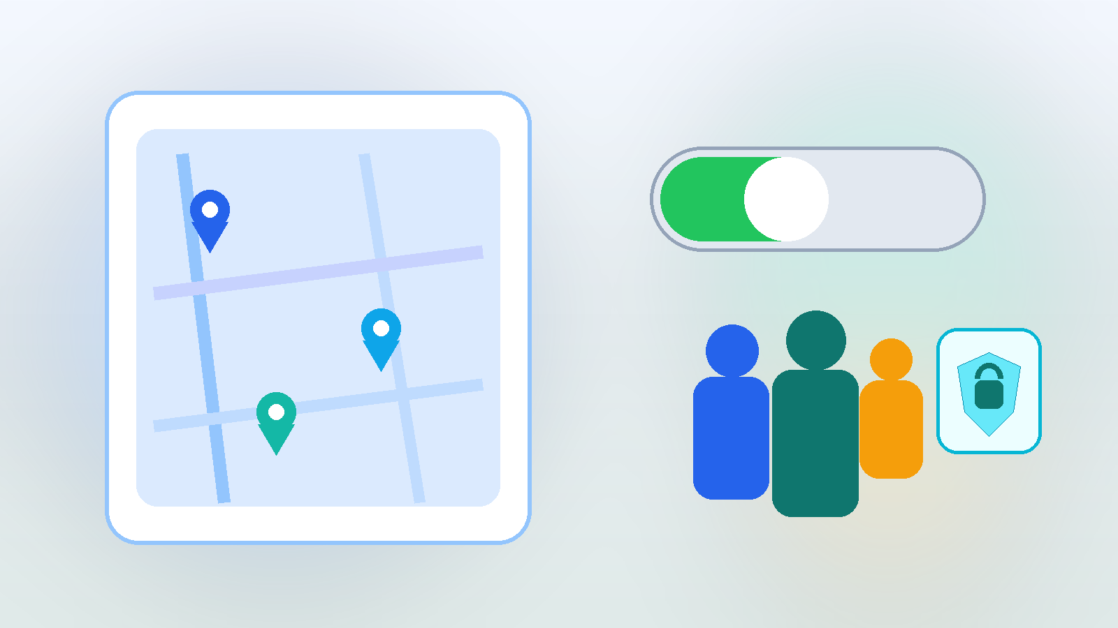 Illustration of a smartphone map, family location pins, and a privacy toggle switch