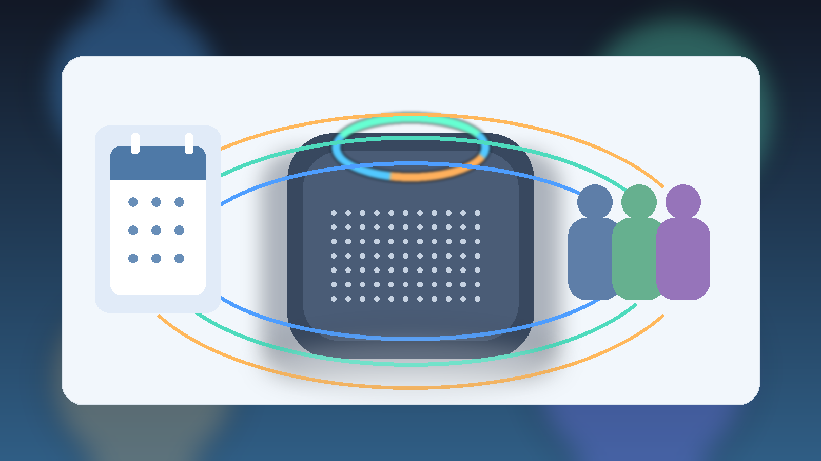 Illustration of a smart speaker between a family group and a calendar, representing separate voice profiles.