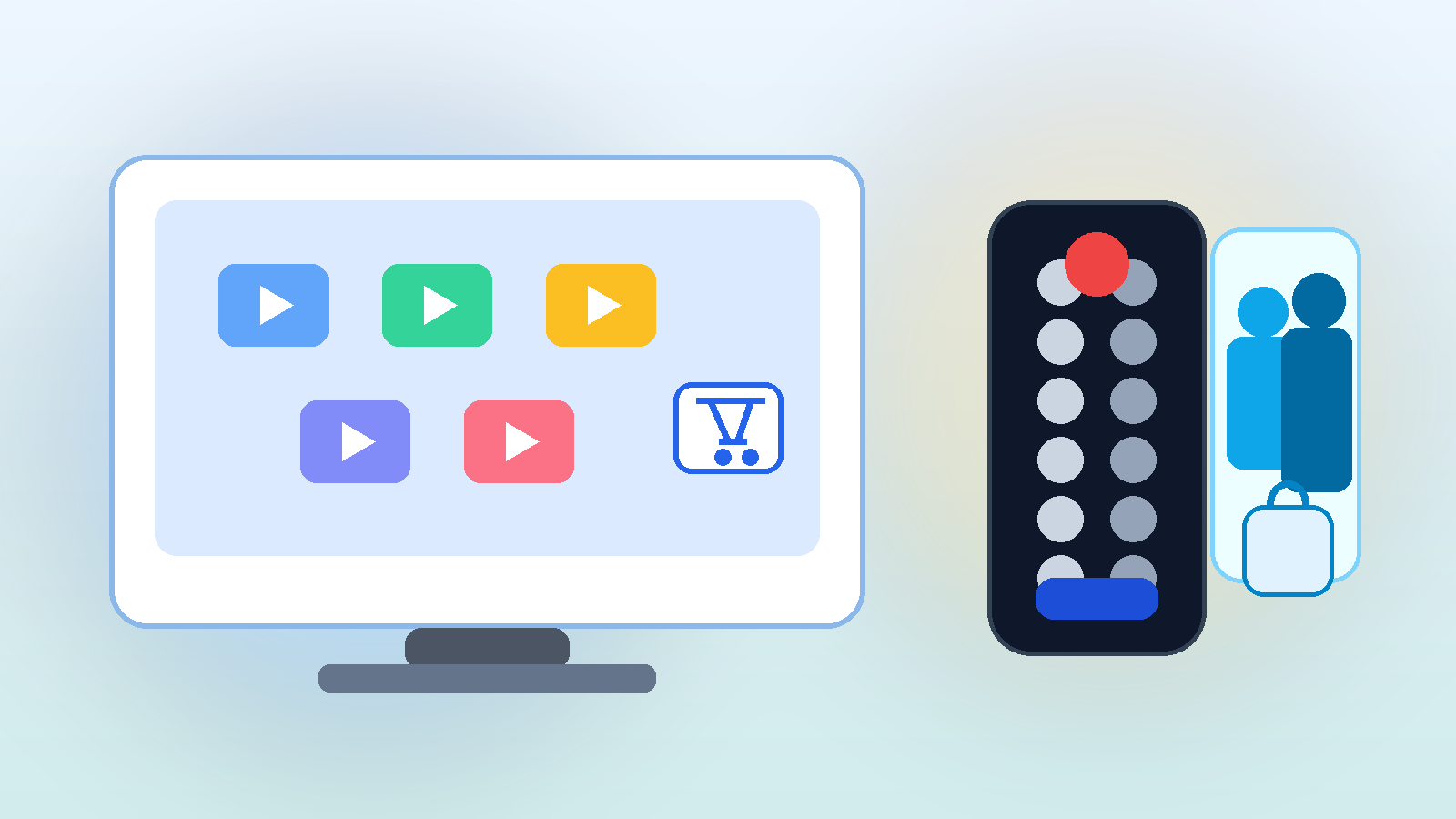 Illustration of a family streaming device with a remote, purchase icons, and a protective lock symbol