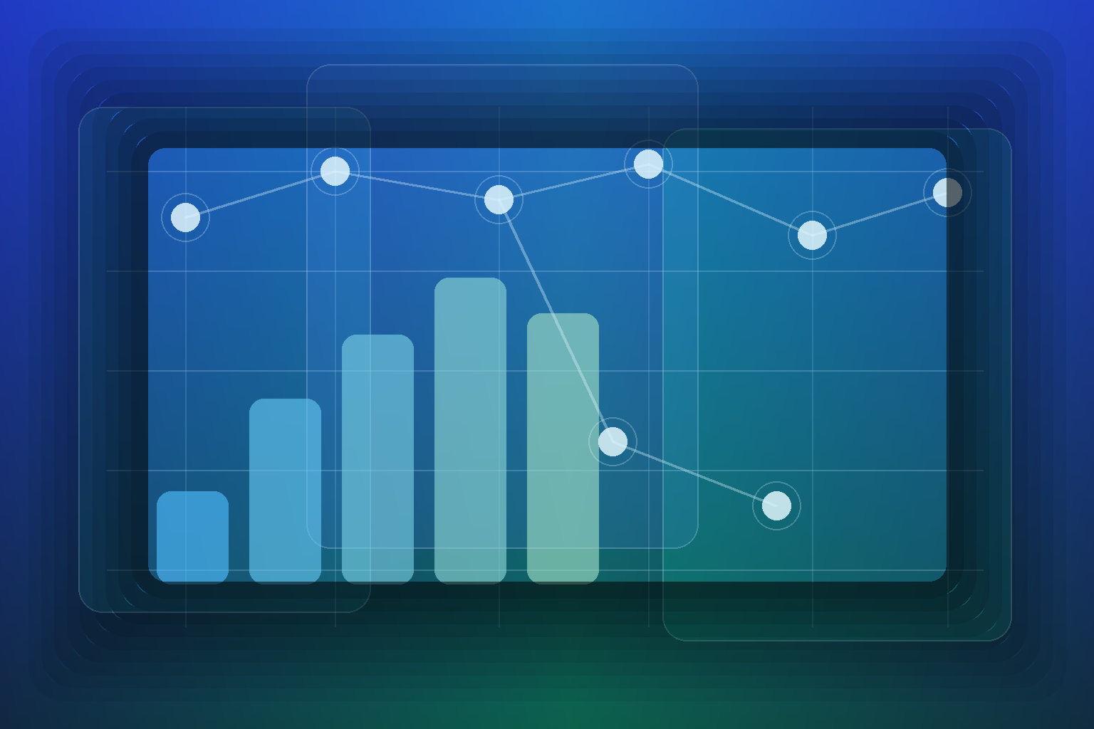 Abstract data grid with layered panels and signal markers representing retrieval-augmented generation evaluation