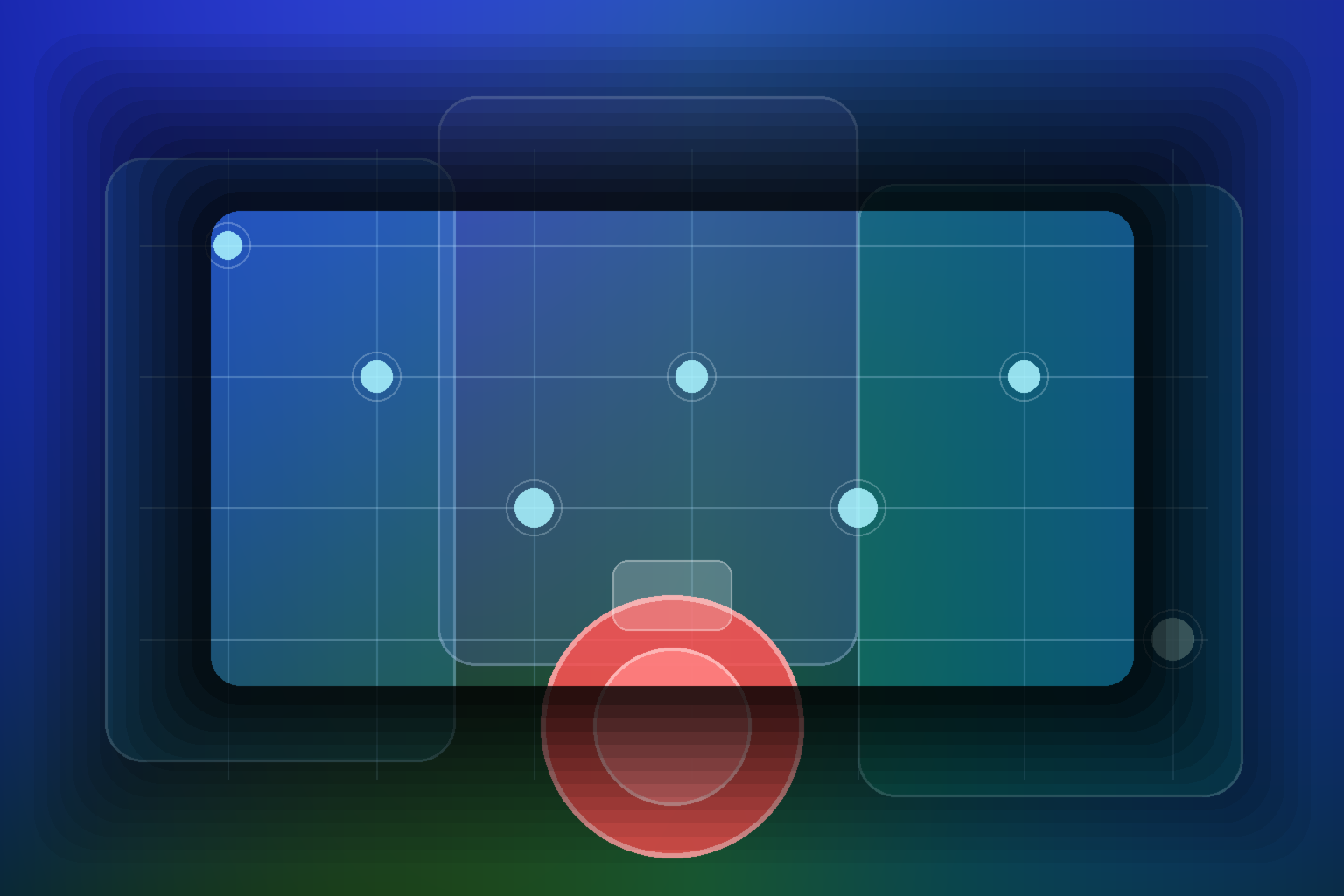Abstract editorial illustration of glowing automation pipelines feeding through segmented control panels with an emergency stop concept